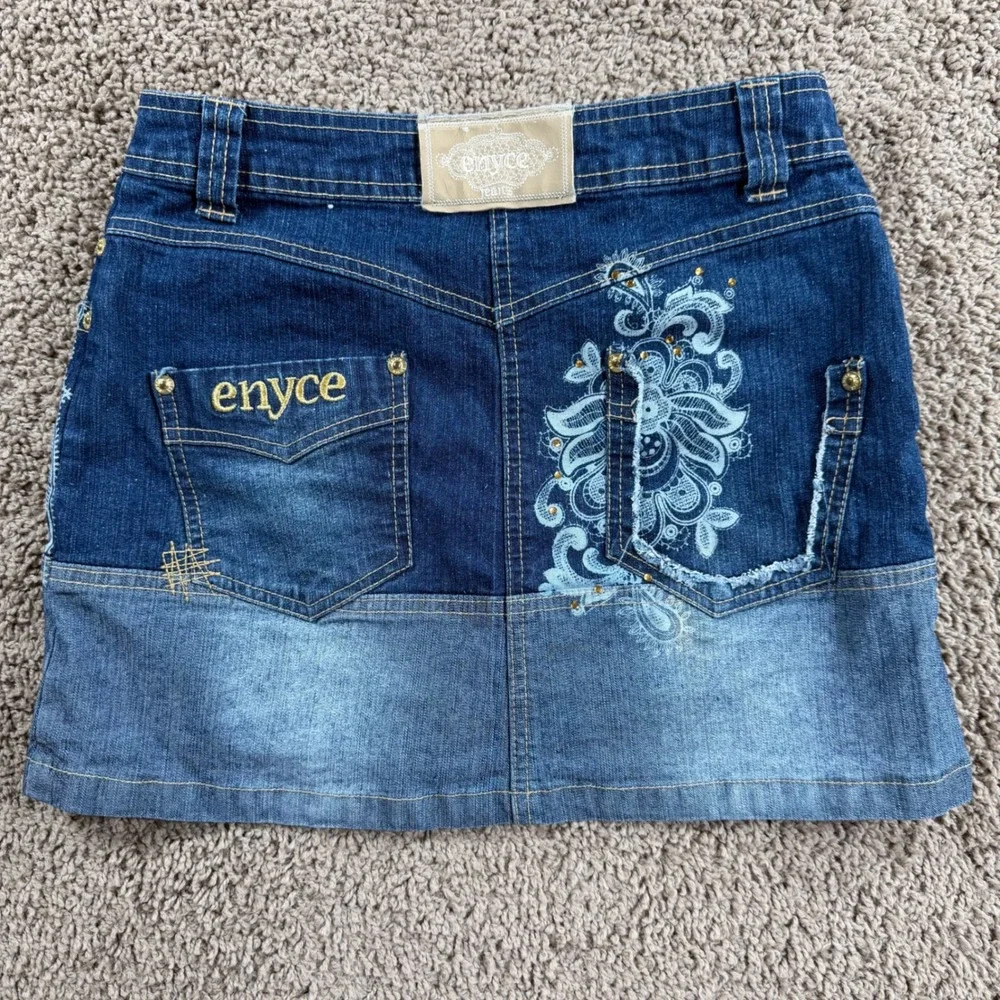 Enyce Denim Mini Skirt Rhinestone Graphic 12 girls Y2K hip hop retro edgy blue